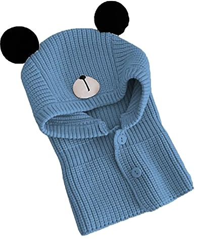 Rayson Cappello Bambino Invernale e Scaldacollo Caldo a Maglia Sciarpa e Berretto Bambina con Orecchie Passamontagna Bambino Cotone Leggero con Bottoni(Azure,Taglia Unica)