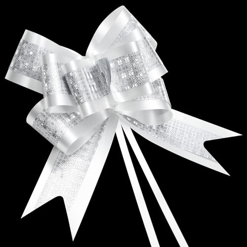 AWCIGG® 30 Stück Geschenkschleifen Große Weiss Deko Schleife Glitzer Pailletten Design Weihnachtsschleifen Ziehschleife mit Geschenkband für Geschenktüten Geschenkboxen Geschenkkörbe Hochzeiten