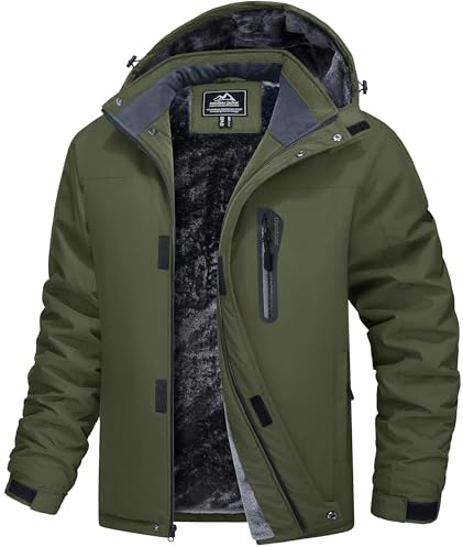 MAGCOMSEN Manteau imperméable pour hommes Veste de sport chaude doublée en polaire pour le ski Coupe-vent Ourlet ajustable Vert armée, XL