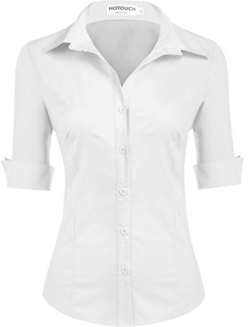 HOTOUCH 3/4 Sleeve Tops for Women UK Ladies White Shirts Cotton Work Blouse Fitted Blouses Office Shirt Button Down V-Neck Tops White M
