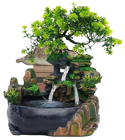 Fontaine d'intérieur avec éclairage LED Fontaine de Table Salon Bureau Cascade Desktop Bonsai Ornament Fontaine Table Cascade Fontaine de Bureau avec Plantes Décoration (sans Brouillard)