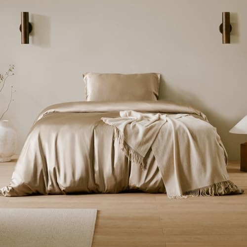 LilySilk 100% Maulbeere Seide Bettwäsche-Set 2 teilig Bettbezug 155x220cm Kissenbezug 80x80cm Unifarben 19 Momme Hypoallergen Super weich und atmungsaktiv,Taupe