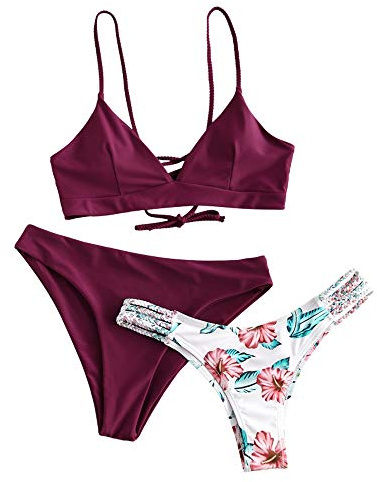 ZAFUL Damen Bikini-Set 3 Pieces mit Blumenmuster gepolstegrte Push-Up BH mit Flechtgurt Cami Triangel Cheeky Badeanzug Bademode (3-Pflaumentorte Rot,M)