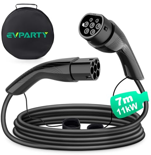 EVPARTY Type 2 Charging Cable 11 kW 7 m 16 A 3-Phase for EV/PHEV Electric Cars Type 2 to Type 2 Compatible with Model Y/3/S/X, ID.3, ID.4, ID.5, Q4 E-Tron, IONIQ 5, Kona etc. (Black)