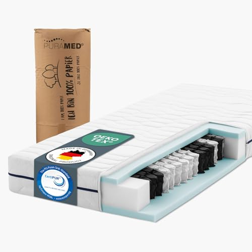 PURAMED Taschenfederkernmatratze 90x200 cm | Härtegrad H4 | Höhe 20 cm | ergonomische 7-Zonen Matratze | waschbarer Mikrofaser-Bezug | Oeko-TEX® & CertiPUR Zertifiziert | produziert in Deutschland