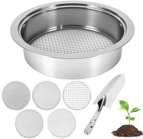 5-in-1 Gartensieb aus Edelstahl mit 5 Wechselsieben und Handschaufel