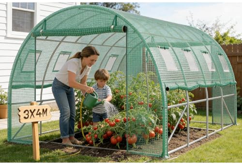 Soontrans Gewächshaus 3 x 4 m, Mehr Raum für den Übergang & Früher Saisonstart, Mittleres Tunnel Foliengewächshaus mit Aufrollbaren Seitenwänden & Meshnetzfensten & Tür, Stahlgestell Bogendach
