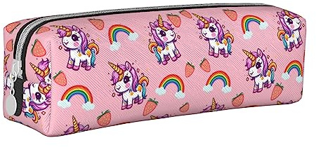 PSAFGOY Bonito estuche de piel para lápices con diseño de gato para niños y niñas, estuche organizador de papelería, para niños, estudiantes, escuela, universidad, Unicornio fresa, One Size, Estuche