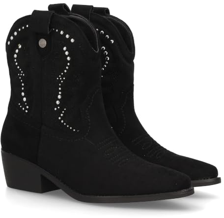 Botas Cowboy de Mujer Estilo Western con Diseno Elegante. Cana Media con Bordados Decorativos y Tachuelas metalicas. Acabado en Serraje, Tacon Ancho. Ideal Otono Invierno.
