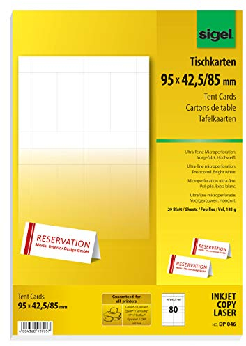 SIGEL DP046 bedruckbare Tischkarten weiß, 9,5 x 4,2 cm (auf A4), 80 Stück