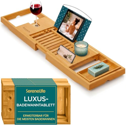 SereneLife Luxury Bamboo Bathtub Caddy Tray - Adjustable Natural Wood Bath Tub Organizer with Wine Holder, Cup Placement, Soap Dish, Book Space & Phone Slot for Spa, Bathroom & Shower - SLBCAD20