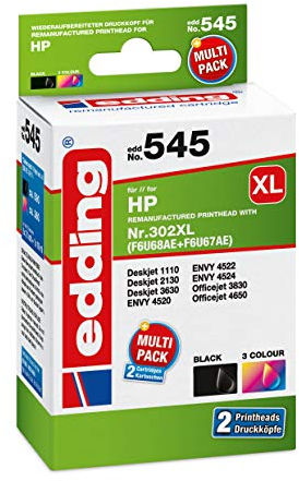 edding Druckerpatrone EDD-545 - Multipack 2 - Schwarz, 3-Farbig - 1x 21 ml + 1x 16 ml - Reichweite 1x 590 1x 360 Seiten - Ersetzt HP 302XL/302XL (F6U68AE/F6U67AE)