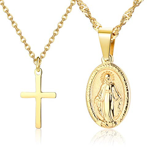 CASSIECA 2 Stück Kette Layered Damen Katholische Gold Halskette Singapurkette mit Anhänger Holy Mary Medaillon Medaille & Kreuz Religiöses Amulett Kommunion für Frauen Mädchen