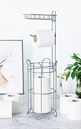 Vinsani Metal Free Standing Toilet Tissue Paper Roll Holder Floor Stand - 4 Paper Rolls with Additional Storage Rack for Phone or Air Freshener - Toilet Bathroom - Grey