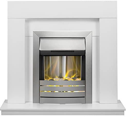 Adam Malmo Fireplace in White with Helios Electric Fire in Brushed Steel, 39 Inch