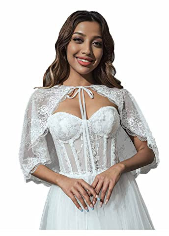 Unicra Vestido de encaje de novia Cabo Boda Bolero Chaqueta Accesorios de encaje blanco Nupcial Crop Top Cape para mujeres y dama de honor (L)