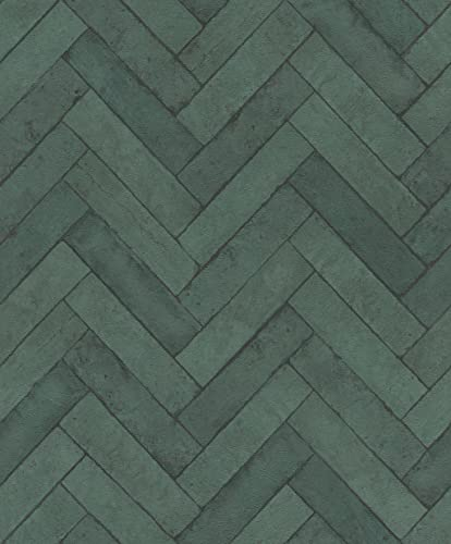 Rasch Tapete 499155 - Vliestapete in Grün Petrol mit Fischgrät-Muster und Stein Optik aus der Kollektion Factory V