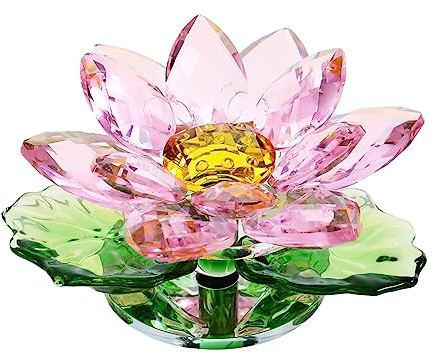 Movdyka Crystal Lotus Flower with Leaves Figurine Decorative Paperweights for Home Glass Art Floral Ornaments Gifts for Women Party Centerpiece (Pink)