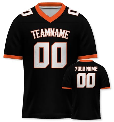 Personalisiertes American Football Trikot Print/Embroidery mit Namen Nummer Blank Practice Jersey Shirts Hip Hop Party Trikot für Herren Damen Kinder Schwarz Orange