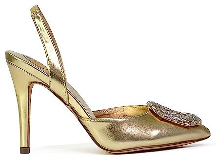 Womens Party Heels Ladies Bridesmaid Stiletto Pointed Toe Gold Court Shoes Slingback Evening Diamante Buckle Sandals Size 5
