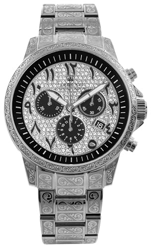 LOUIS XVI Palais Royale iced arabisk herrklocka kronograf 43 mm schweizisk kvarts rörelse rostfritt stål armband silver urtavla arabiska siffror diamanter 1097, silver