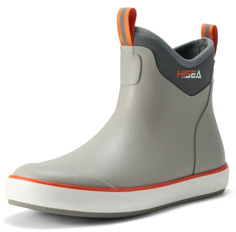 HISEA Men's Deck Boots Waterproof Fishing Rain Boots, Anti-Slip Neoprene Rubber Boots Saltwater Ankle Booties With High Traction for Outdoor Fishing Boating Sailing, Size 12 Grey