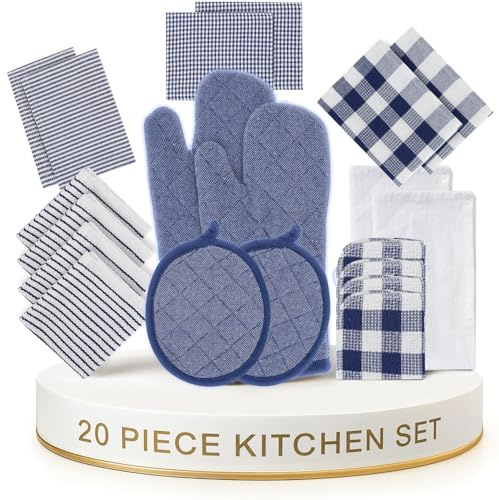LANE LINEN Flour Sack Towels & Kitchen Towel Set 20 Pc - Premium Cotton Tea Towels for Bread Baking, Super Absorbent Dish Cloths for Washing Dishes, Multipurpose Kitchen Rags & Oven Mitt Set - Indigo