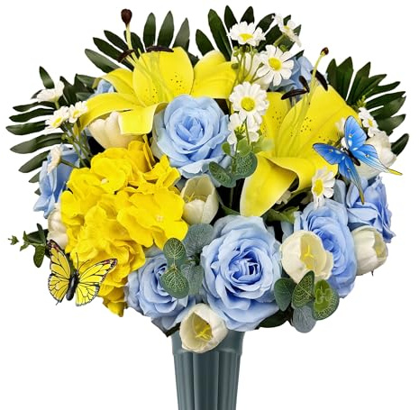 HENOMO Handmade Cemetery Flower Bouquet with Grave Vase for Tombstone Decoration,Non-Bleed Color, Artificial Memorial Flower Arrangement of Rose Lily Daisy and Hydrangea, Blue and Yellow