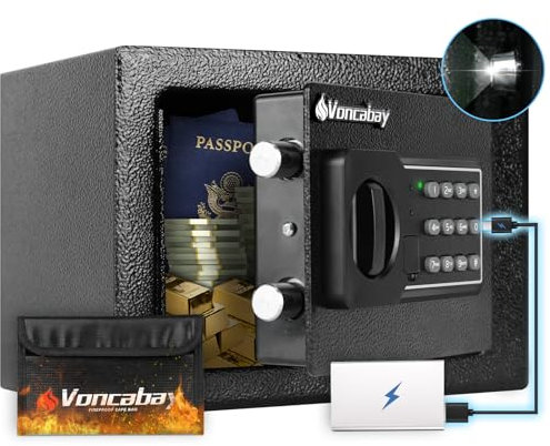 Voncabay Coffre-fort pour la maison avec capteur de lumière, fonction muet et coffre-fort ignifuge pour argent avec prise de courant d'urgence, coffre-fort ignifuge avec clavier numérique