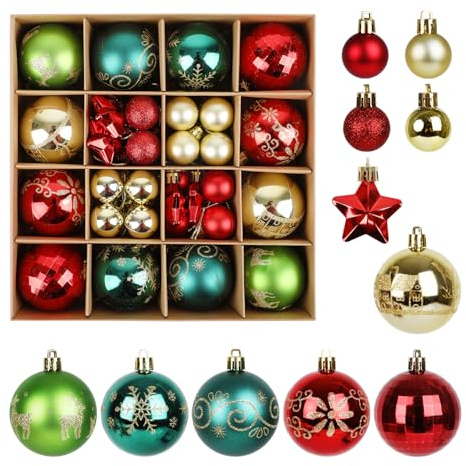 VEYLIN Weihnachtskugeln Plastik,44 Stück Weihnachtskugeln rot grün Christbaumkugeln Kunststoff Weihnachtsbaumkugeln Kunststoff, Weihnachtsbaumschmuck Weiß Rot für Weihnachtsdeko