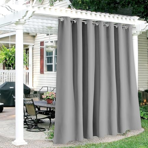 Hiseng Cortina de Exterior Impermeable, Cortinas Exterior Porche Cortina Opacas con Ojales, 1 Piezas Cortinas Termicas Aislantes Frio y Calor para Terraza (Gris Claro,180x213cm)