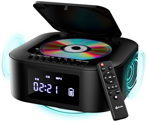 KLIM Boombox E1 Radio mit CD Player + BASS Boost mit Tieftöner + FM Radio, MP3, Bluetooth, AUX, USB, CD + CD Player tragbar mit kabellosem Modus und aufladbaren Akku + Mit Fernbedienung