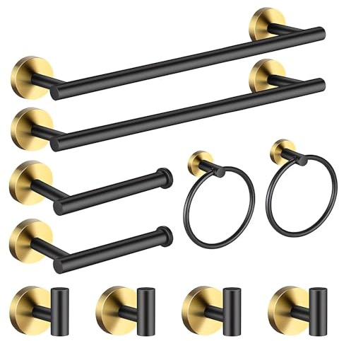 Set 10 Accesorios Baño Inoxidable Toalleros Portarrollos (Negro/Dorado)