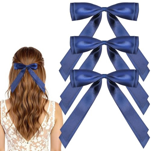 Mabor 3PCS Navy Blue Hair Bows with Alligator Clips – Elegant Satin Ribbon Hair Accessories for Women & Girls, Long Tail Bow Clips for Ponytail & Hairstyles