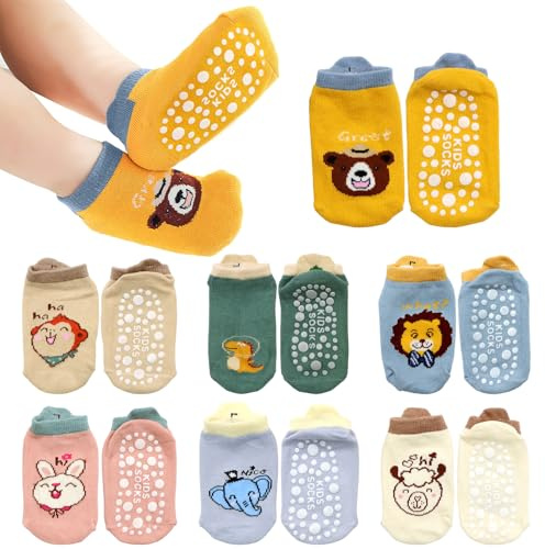 Soleeya 7 Paires Chaussette Antiderapante Bebe Fond en Silicone 0-5ans Adorables Motif Animaux Chaussettes Antidérapantes Enfant Bebe en Coton Filles et Garçons
