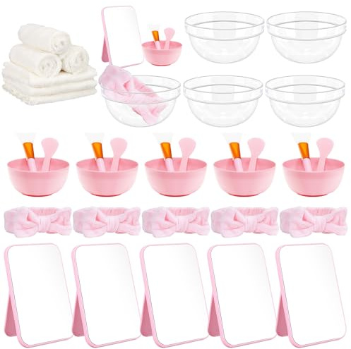 Set da 42 pezzi Spa Party Set per ragazze, spa con ciotole miste, specchietti per trucco, fasce per lavare, ciotole, pennelli per maschera, bacchette, accessori per feste (rosa)
