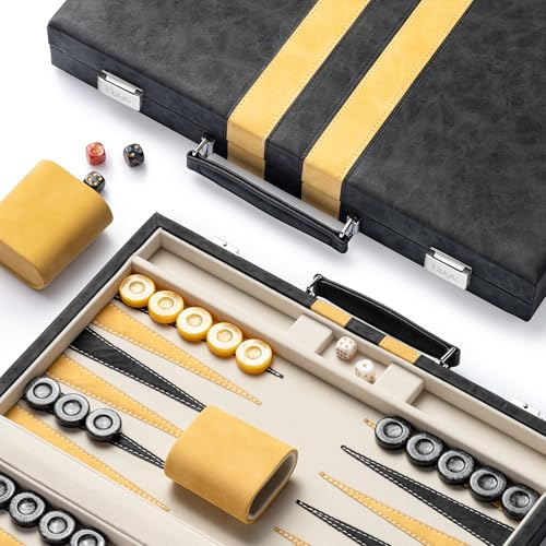 Lingle 15inch Backgammon Sets for Adults, Classic Board Game with Folding Leather Backgammon Case, Faux Leather Exterior and Velvet Interior, Portable Travel Game Set (Black)