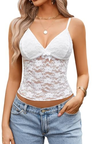 Avidlove Camiseta sin Mangas de Encaje para Mujer Top Sexy con Tirantes Finos Top Corto básico Camisola de Verano con Cuello en V Atuendo para Fiesta y Festival