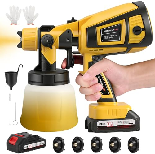 Pistola per Verniciare, Pistola a Spruzzo per Verniciare Con Batteria Da 21V & 3 Modalità Di Spruzzo,Pistola a Spruzzo a Batteria Con 2x3000 MAh Per Pittura di Case, Pareti, Recinzioni