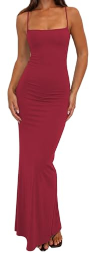 Adooadoo Women's Bodycon Maxi Dress Spaghetti Strap Square Neck Sleeveless Long Dress Summer Elegant Party Casual Dress Y2K Aesthetic Clothes(Burgundy,XS)