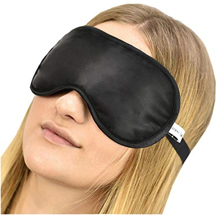 Jasmine Silk 100% Pure Silk Filled Eye Mask/Sleeping Mask Sleep Mask with Ajustable Comfortable Strap (Black)