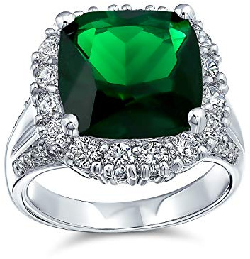 Personalize Large Fashion Solitaire AAA Cubic Zirconia Pave CZ Cushion Cut Simulated Emerald Green Vintage Art Deco Style Cocktail Statement Ring For Women Silver Plated Customizable