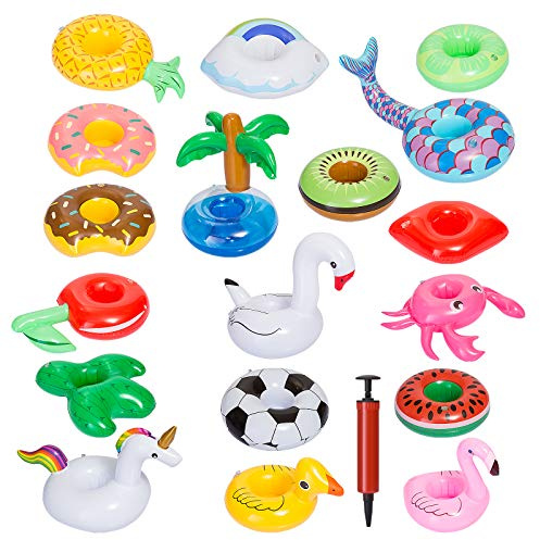 GWHOLE 18 Piezas Flotador Inflable Posavasos para Bebidas en Piscina + Inflador Portátil, Flotante Taza Soporte para Fiesta de Piscina Playa Mini Juguetes Hinchables