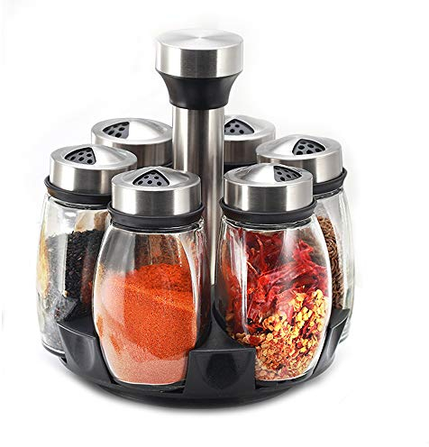 6-Jar Revolving Spice Rack Organizer Seasoning Box Caddy Spiral Spice Jars Herb Pots Kitchen Supplies Bottle for Pepper Aniseed Chili Salt Cumin Powder Sesame Flavoring Etc