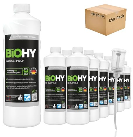 BiOHY Latte abrasivo (12 bottiglie da 1l) + Distributore | rimuove facilmente lo sporco ostinato | pulizia accurata senza graffiare | smalto, ceramica e acciaio inossidabile (Scheuermilch)