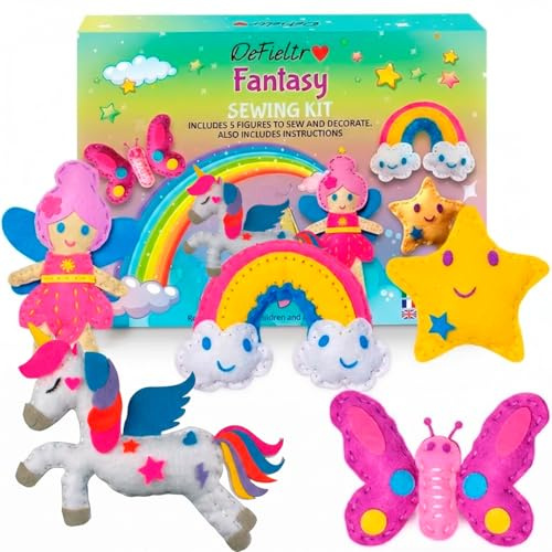 DeFieltro Fantaisie – Kit Couture Enfant avec Licorne et Fée (5 Figurines) – Loisir Créatif DIY et Apprentissage de la Couture Enfant