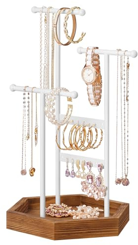 SONGMICS Jewelry Holder, Jewelry Organizer, 3 Tiers and 1 Tray, Jewelry Display Stand with Metal Frame, Necklace Earring Bracelet Holder, for Rings, Matte White and Caramel Brown UJJS003W01