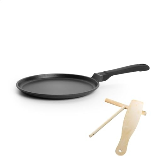 Stone&Stone Padella per Crepes Induzione 26cm | Rivestimento antiaderente Tedesco GREBLON C3+ | Fondo 100% Acciaio Induzione e Gas | Crepe Sottili Uniformi e senza grassi + Spatola e Stendi Pastella