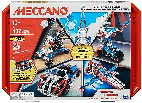MECCANO - MALLETTE DA COSTRUZIONE 5 MODELLI - 5 Modelli iconici nei colori della Francia da costruire - Valigetta portaoggetti - Gioco costruzione Meccano con 2 attrezzi - Giocattolo per bambini da 10