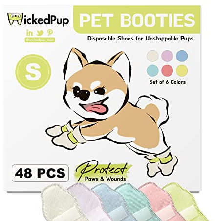 WICKEDPUP Pet Booties for Dogs & Cats, 48ct | Disposable Socks to Stop Licking | Puppy Shoes for Paw Protection Against Heat, Hot Pavement, Snow | Wound Recovery Boots Foot Covers for Injured Paw (S)